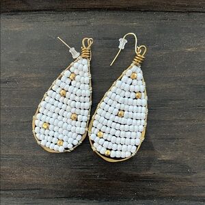 Chic White and Gold Beaded Teardrop Earrings